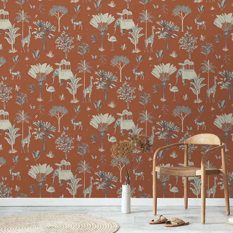 Indian Elephant Wallpaper Mural: Rusty Red Garden Scene - Etsy