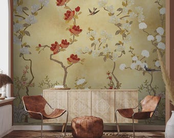 Papel de parede Jardim Japonês Dourado Tradicional Chinoiserie Mural