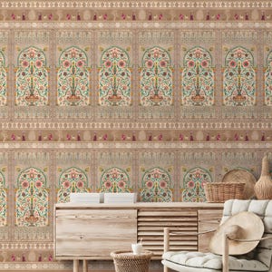 Indian Floral Arch Wallpaper, Mughal Jharokha Canvas Wall Mural, Ethnic Home Decor