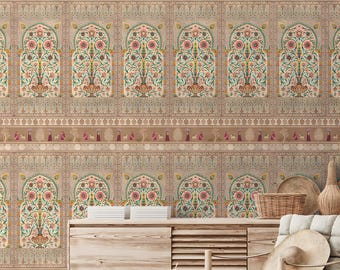 Indian Floral Arch Wallpaper, Mughal Jharokha Canvas Wall Mural, Ethnic Home Decor