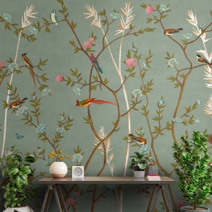 Chinoiserie wallpaper mural with flowers and birds- wall paper for bedroom in green color, customised design