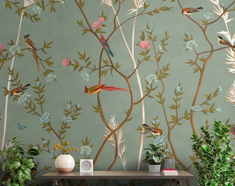 Chinoiserie wallpaper mural with flowers and birds- wall paper for bedroom in green color, customised design