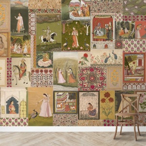 Carta da parati vintage indiana - Netri Folk Art Mural, decorazione murale colorata per soggiorno e camera da letto, facile da installare