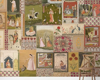 May include: A colorful patchwork wallpaper featuring traditional Indian artwork. The wallpaper depicts scenes of people, animals, and nature in a vibrant and intricate style. The wallpaper is perfect for adding a touch of exotic flair to any room.