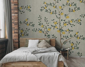 Chinoiserie Lemons Wallpaper: Custom Traditional Citrus Wall Mural