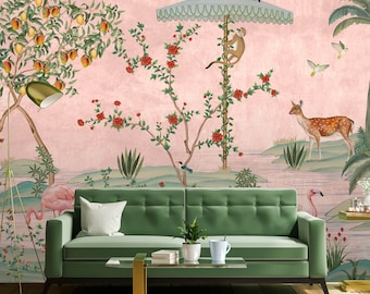 Gulbiya Pink Wallpaper: Custom Chinoiserie Traditional Mural