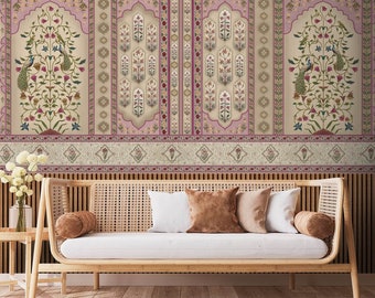 Papel pintado floral indio Madhuban - Colección Suneherii de diseño rosa Jharoka - Decoración de pared boho vintage