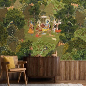 May include: A colourful illustration depicting a scene from Hindu mythology, featuring a group of figures in a lush green forest setting. The figures are dressed in elaborate costumes and are surrounded by trees, flowers, and animals. The illustration is framed by a wooden cabinet with a textured surface.