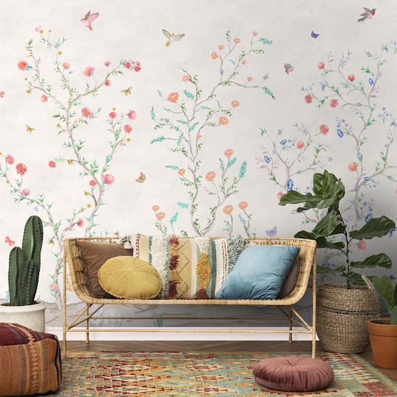 Chinoiserie Tranquility Wallpaper, Custom Size Floral Mural, Traditional, Light Background Botanical, Luxury Bird Art