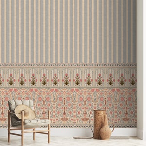 Murale di carta da parati floreale indiana - Kusum jharokha e design a strisce, perfetto per progetti di arredamento e ristrutturazione della casa, arte Mughal e Rajasthan