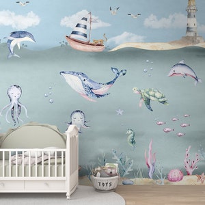 Ocean Theme Kinderzimmer Tapete, schönes Wandbild für Kinder mit Meerestieren, spielerisches Muster, besonders angefertigt
