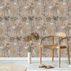 Radha Krishan Wallpaper Murli Beige, indische Wandkunst für Luxusräume, elegantes hinduistisches Dekor, hochwertiges Wandbild