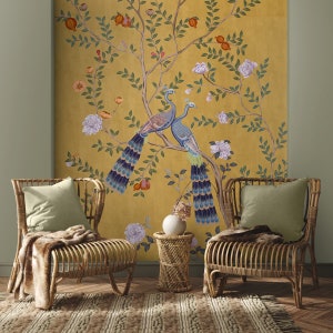 Carta da parati Chinoiserie gialla, Morni Peacock & Flowers, murale più venduto, facile da installare e mantenere, perfetto per qualsiasi stanza