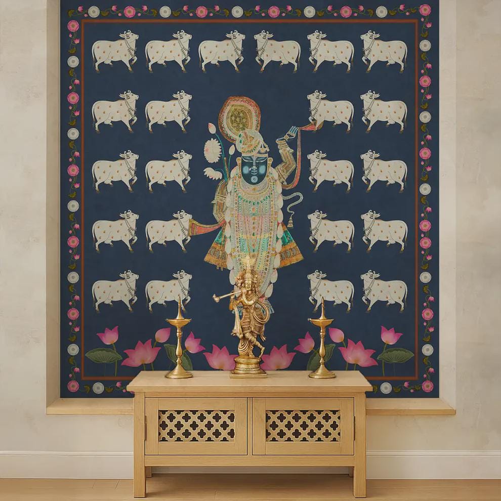 Pichwai Shrinathji Pooja and Living Room Wallpaper With Cows in Blue Color