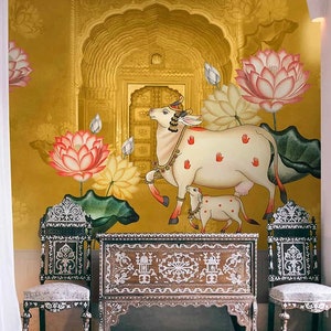 Pichwai Wallpaper for Lobby and Temple Walls in Yellow Colors