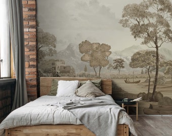 May include: A bedroom with a wooden bed frame and a landscape mural. The mural depicts a sepia-toned scene with mountains, trees, and a boat on a lake. The bed is made with white and green pillows and a gray blanket. A brick wall and a window with gray curtains are visible.