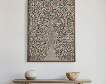 May include: A framed artwork featuring a stylized tree with a detailed pattern of leaves and flowers in shades of green, red, and blue. The artwork is set against a neutral background and framed in a dark wood. A decorative piece for home decor.