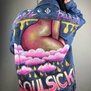 Custom Hand Painted Denim Jean Jacket Custom Jacket Unique Style Oversized Denim Jacket Custom Painted Leather Purse