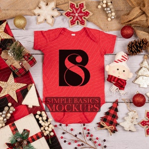 Rabbit Skins 4424 Infant Vintage Fine Jersey Bodysuit Red Christmas Themed Mock-Up