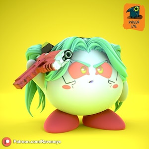May include: A green and pink cartoon character with a red and gray gun held to its head. The character has large eyes and a small mouth. The background is yellow.