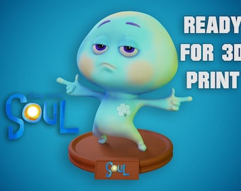 May include: A 3D-printed figure of a character from the film "Soul", in shades of blue and green, standing on a brown base. The figure has a sad expression and is pointing. Text reads "READY FOR 3D PRINT".