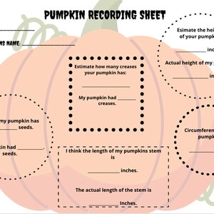 Könnte beinhalten: Ein kürbisförmiges Aufzeichnungsblatt mit dem Titel "PUMPKIN RECORDING SHEET". Es enthält Aufforderungen zur Aufzeichnung von Kürbismessungen, wie Höhe, Umfang und Stiellänge, in Zoll. Es gibt auch Aufforderungen zur Schätzung der Anzahl der Falten und Samen.