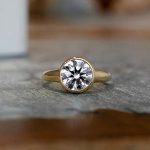 Vintage 2.95 CT Brilliant Cut Moissanite Solitaire,14k Solid Yellow Gold,Signature Bezel Set,2.2 MM Reverse Tapered Band,Proposal Ring/Gift
