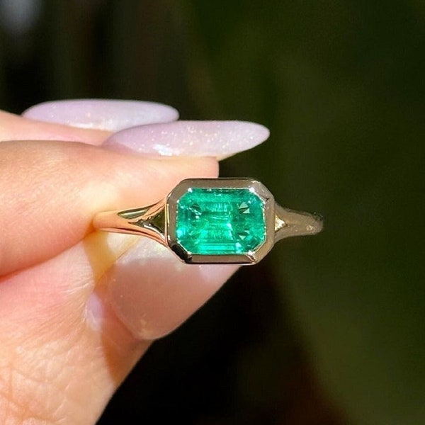 Delicate 2.5 CT Vivid Green Emerald Cut Bezel Set Ring|East-West Set Emerald Solitaire Ring|14k Solid Yellow Gold Ring|Bridal Proposal Ring