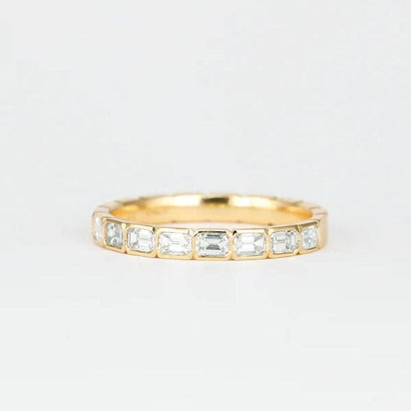 14k Solid Gelbgold Stacking Band, 0,9 TC Emerald Cut Lünette Set Band, halbe Ewigkeit, Ost-West Set passende Band, Ehering, Hochzeitsschmuck