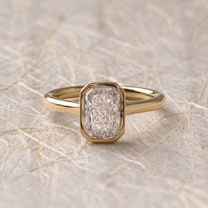 Minimalist 3.31 CT Crushed Ice Radiant Cut Moissanite Ring_Bezel Set Solitaire Ring_14k Solid Yellow Gold_1.8 MM Cathedral Band_Wedding Gift