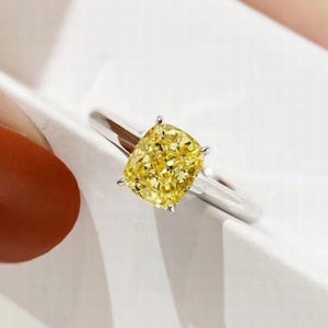 1.50 CT Canary Yellow Cushion Cut Solitaire-Elongated Cushion Cut Ring-Modern Iced Out Moissanite-2 MM Flat Solitaire Band-Platinum Jewelry