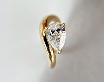 Delicate 1.85 CT Elongated Pear Cut Moissanite Ring,14k Solid Yellow Gold Wedding Ring,Side Floating Basket,1.8 MM Curvy Band,Gift For Women