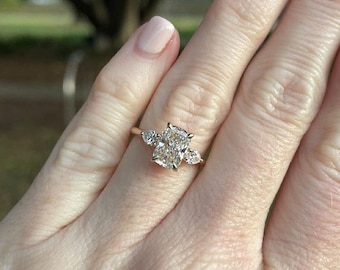 2.21 TC Elongated Cushion Cut Moissanite Trilogy|Hybrid Iced Out Cushion|Pear Side Stones|Cushion Cut Three Stone Ring|Wedding Proposal Ring