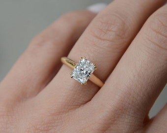 2.25 CT Crushed Ice Radiant Solitaire-Radiant Cut Moissanite Ring-14k Solid Yellow Gold-Delicate Knife Edge Band-Double Claw Prongs-In Trend