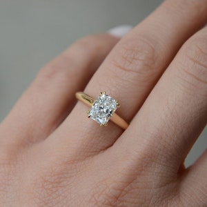 2.25 CT Crushed Ice Radiant Solitaire-Radiant Cut Moissanite Ring-14k Solid Yellow Gold-Delicate Knife Edge Band-Double Claw Prongs-In Trend