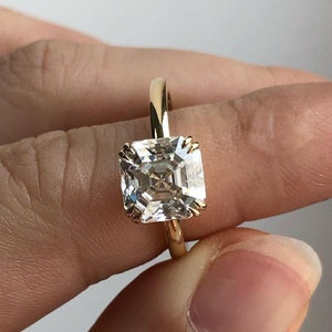 Excellent 7.0 MM Asscher Cut Solitaire|Hidden Halo|Square Cut Moissanite Ring|14k Solid Yellow Gold Wedding Ring|Gorgeous Double Claw Prongs