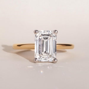14k Solid Gold Two Tone Engagement Ring,7x10 MM Elongated Emerald Cut Moissanite,Gorgeous 4 Prongs,2 MM Solitaire Band,Anniversary Ring/Gift