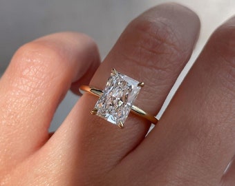 3.31 CT Elongated Radiant Cut Moissanite Ring_Solitaire Ring_14k Solid Yellow Gold_Hidden Halo_Minimalist Gold Jewelry_Lovely Gift For Bride