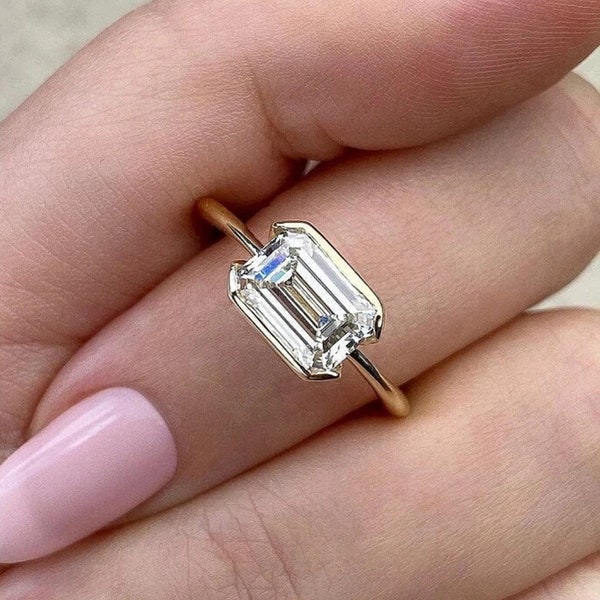 1.75 CT East-West Emerald Cut Solitaire Ring • Half Bezel Set Moissanite Ring • 14k Solid Yellow Gold • Wedding Gift For Her • Trends Setter