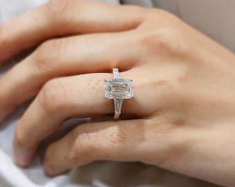 Classic 2.70 TC Emerald Cut Trilogy,Tapered Baguette Cut Sides,14k Solid Yellow Gold Ring,Wedding Ring,Bridal Promise Ring,Anniversary Gifts