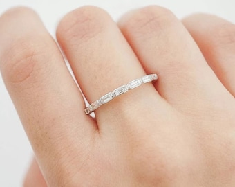14k Solid White Gold Stacking Band 0.9 TC Baguette Cut Moissanite Wedding Band Matching Band Minimalist Half Eternity Band Wedding Ring/Gift
