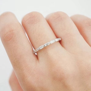 14k Solid White Gold Stacking Band 0.9 TC Baguette Cut Moissanite Wedding Band Matching Band Minimalist Half Eternity Band Wedding Ring/Gift