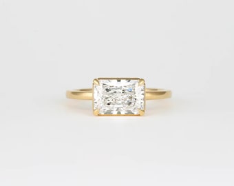 1.75 CT East To West Radiant Cut Solitaire-Iced Out Radiant Cut Moissanite-14k Solid Yellow Gold-Lovely Semi Bezel-Minimalist Bridal Jewelry