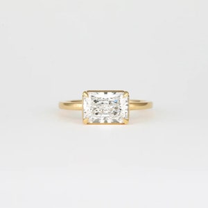 1.75 CT East To West Radiant Cut Solitaire-Iced Out Radiant Cut Moissanite-14k Solid Yellow Gold-Lovely Semi Bezel-Minimalist Bridal Jewelry