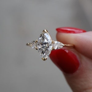 2 TC Marquise Cut Three Stone Ring-14k Solid Yellow Gold-Moissanite Ring-Pear Side Stone-Classy Wedding Ring-Daily Wear Jewelry Gift For Her