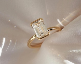 14k Solid Yellow Gold Solitaire • 2.70 CT Elongated Emerald Cut Moissanite • Half Bezel Set • Diamond Wedding Gifts For Her • Trends Setter