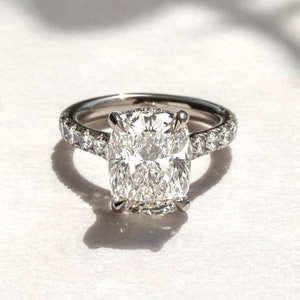 4.05 CT Iced Out Cushion Cut Moissanite Ring,14k Solid White Gold,Hidden Halo,Bridal Ring,4 Prongs,2.0 MM Cathedral Band,Statement Ring/Gift