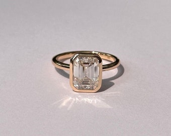 Dainty 1.75 CT Emerald Cut Bezel Set Ring - 14k Solid Rose Gold Moissanite Ring - Emerald Cut Solitaire Engagement Ring- Bridal Promise Ring
