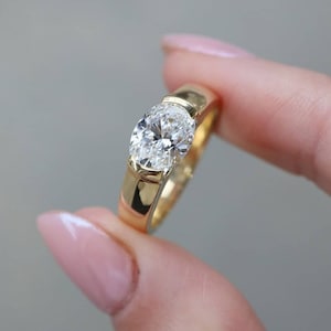 East-West Oval Cut Half Bezel Set Ring,1.75 CT Oval Cut Rubover Engagement Ring,14K Solid Yellow Gold Ring,Wedding Promise Ring,Gift For Her