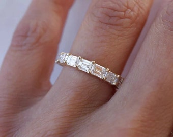 Handmade 1.05 TCW Emerald Cut Moissanite Wedding Band,14k Solid Yellow Gold Band,Matching Stacking Ring,Wedding Ring,Anniversary Ring/Gift